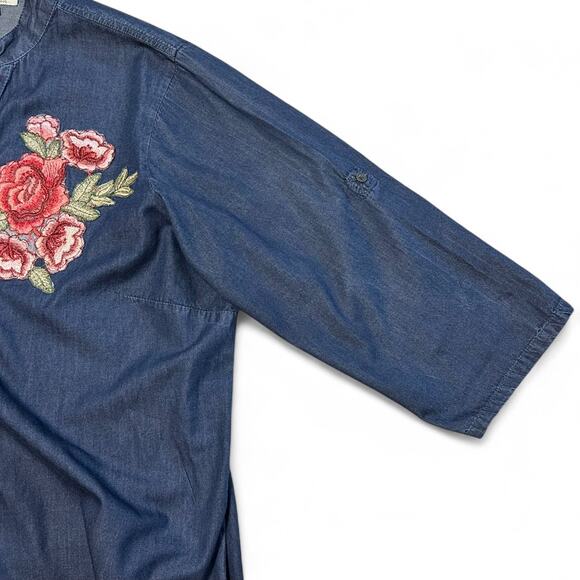 MPH Collection Plus Size Denim Tunic Shirt 2X Floral Applique 3/4 Sleeve Cottage - Picture 6 of 10